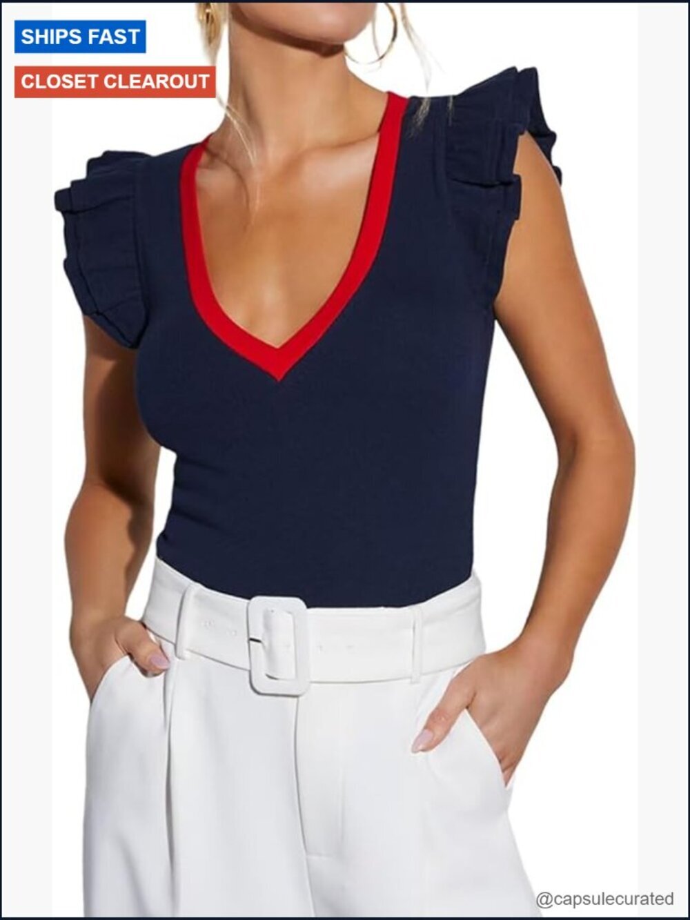 Women Ruffle Sleeve Tee Deep V Neck Slim Fit Summer Casual Top